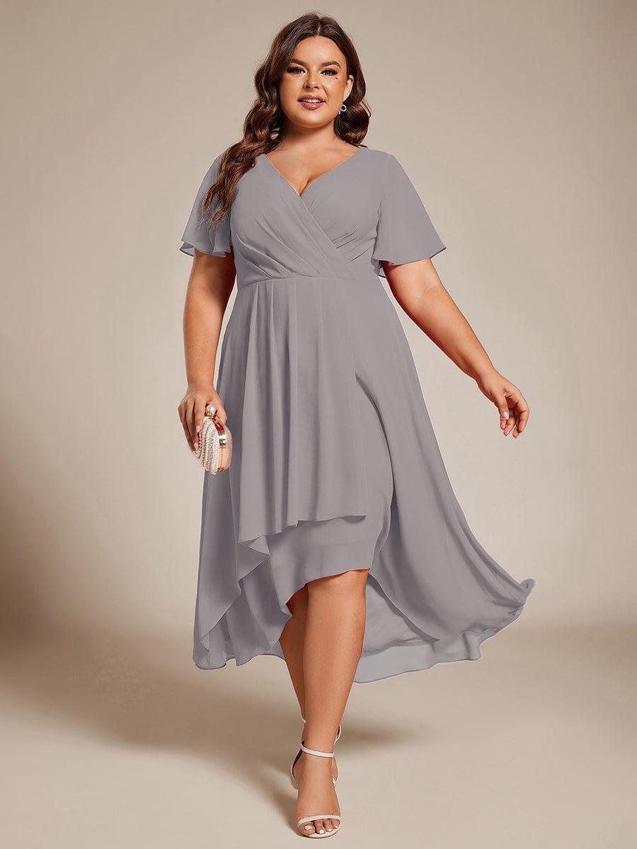 pretty LARK|Plus Size Chiffon Short Sleeve High-Low Wedding Guest Dress