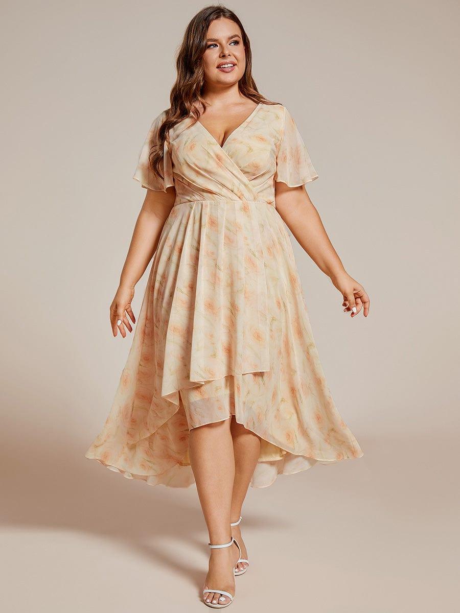 ever LARK|Floral Chiffon Elegance Short Sleeve High-Low Wedding Guest Dress