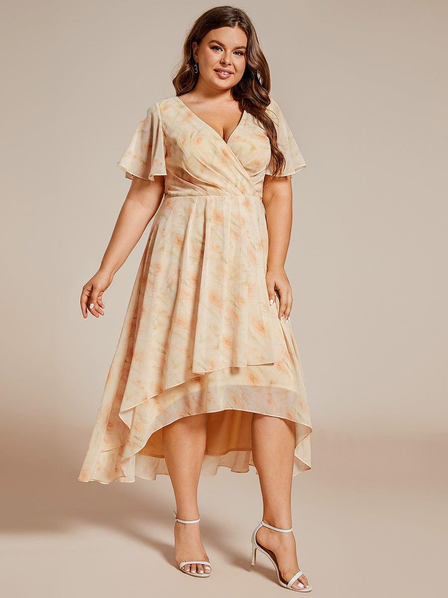 pretty LARK|Plus Size Chiffon Short Sleeve High-Low Wedding Guest Dress