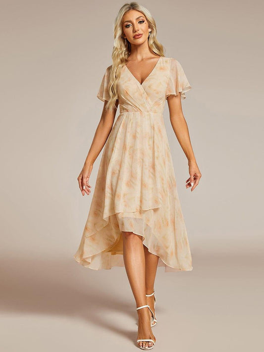 ever LARK|Floral Chiffon Elegance Short Sleeve High-Low Wedding Guest Dress