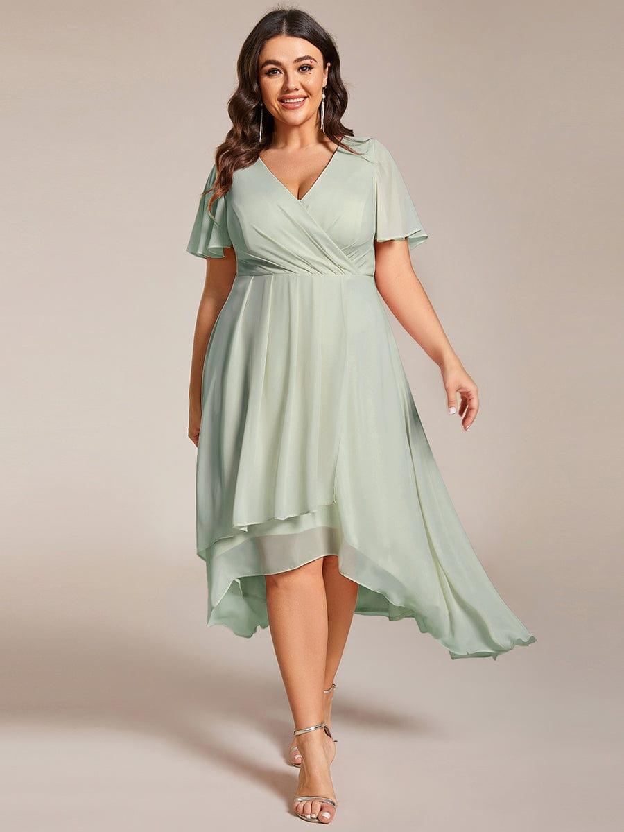 pretty LARK|Plus Size Chiffon Short Sleeve High-Low Wedding Guest Dress