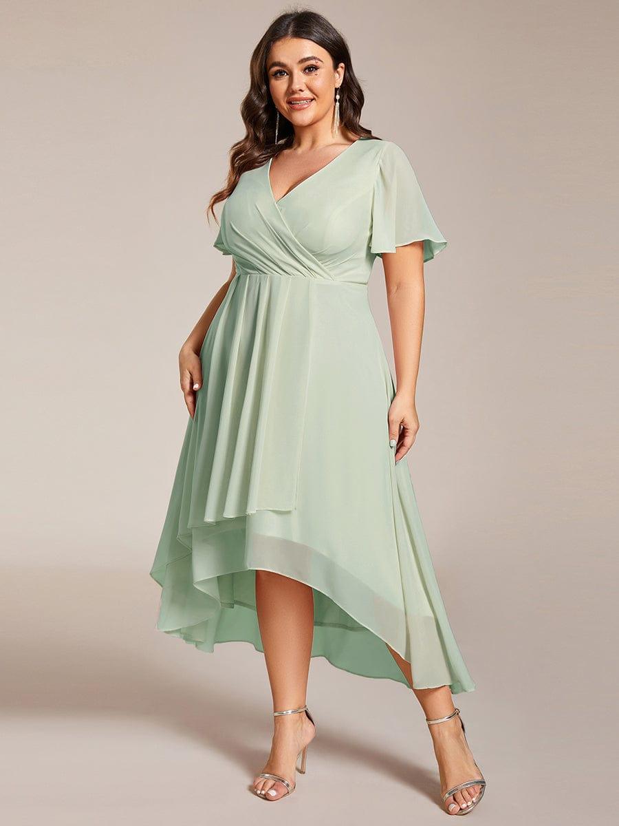 pretty LARK|Plus Size Chiffon Short Sleeve High-Low Wedding Guest Dress