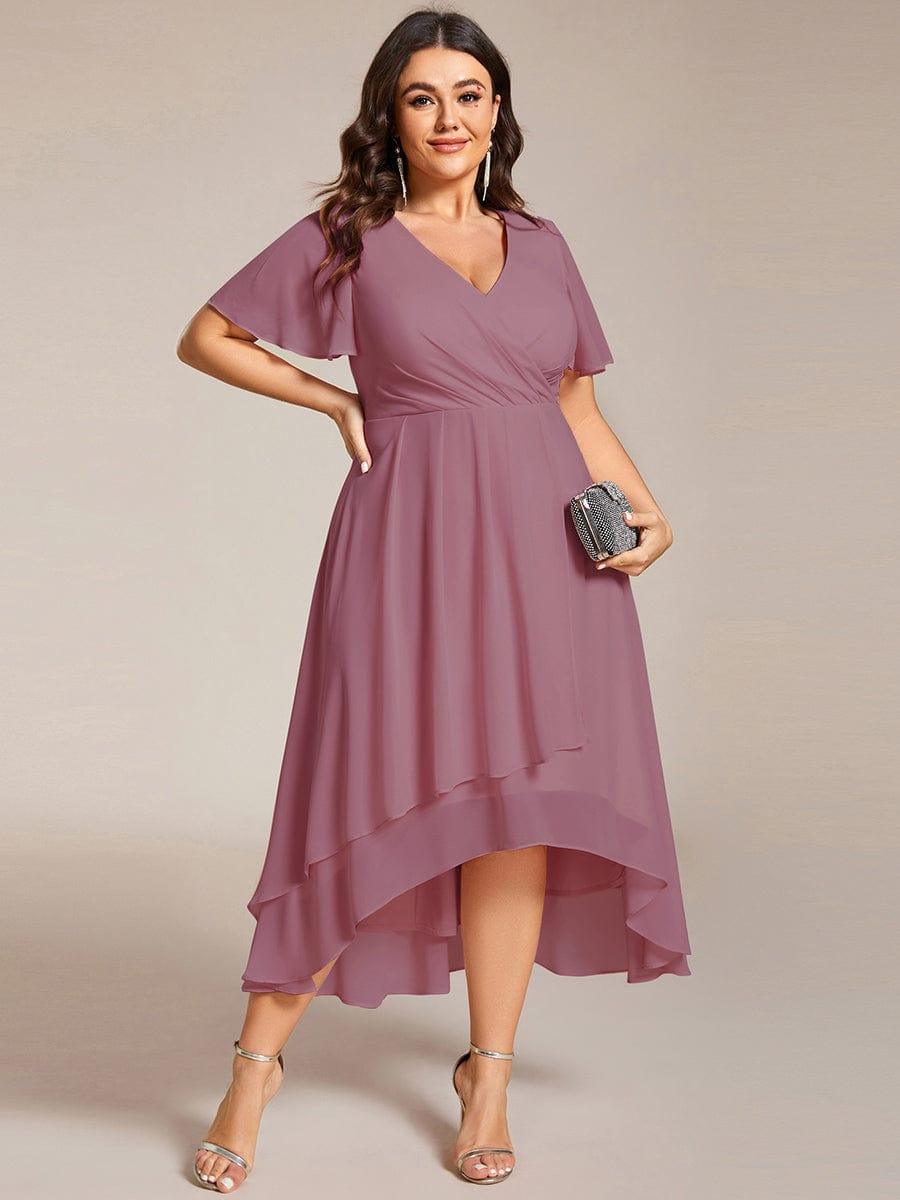 pretty LARK|Plus Size Chiffon Short Sleeve High-Low Wedding Guest Dress