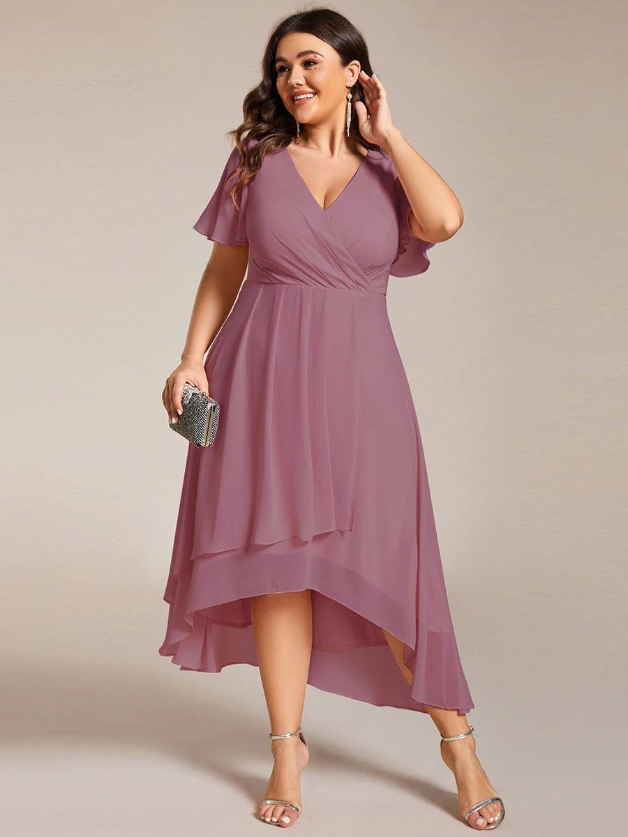 pretty LARK|Plus Size Chiffon Short Sleeve High-Low Wedding Guest Dress