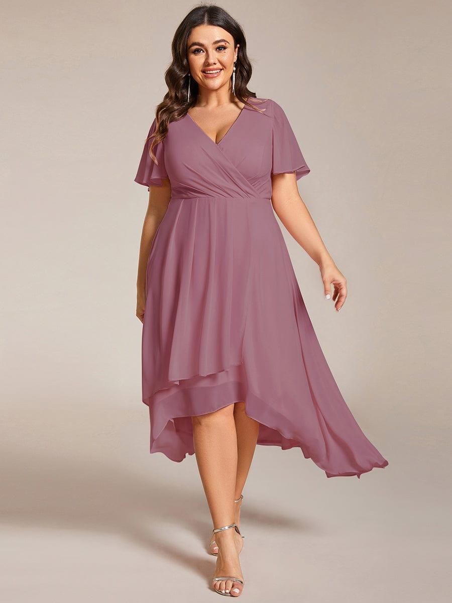pretty LARK|Plus Size Chiffon Short Sleeve High-Low Wedding Guest Dress
