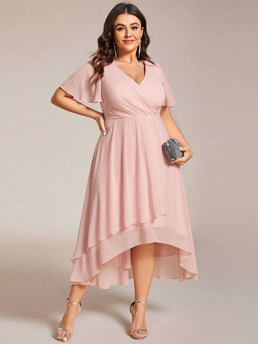 pretty LARK|Plus Size Chiffon Short Sleeve High-Low Wedding Guest Dress