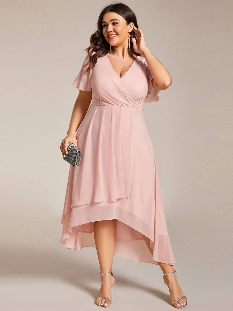 pretty LARK|Plus Size Chiffon Short Sleeve High-Low Wedding Guest Dress