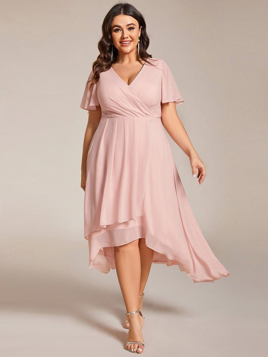 pretty LARK|Plus Size Chiffon Short Sleeve High-Low Wedding Guest Dress