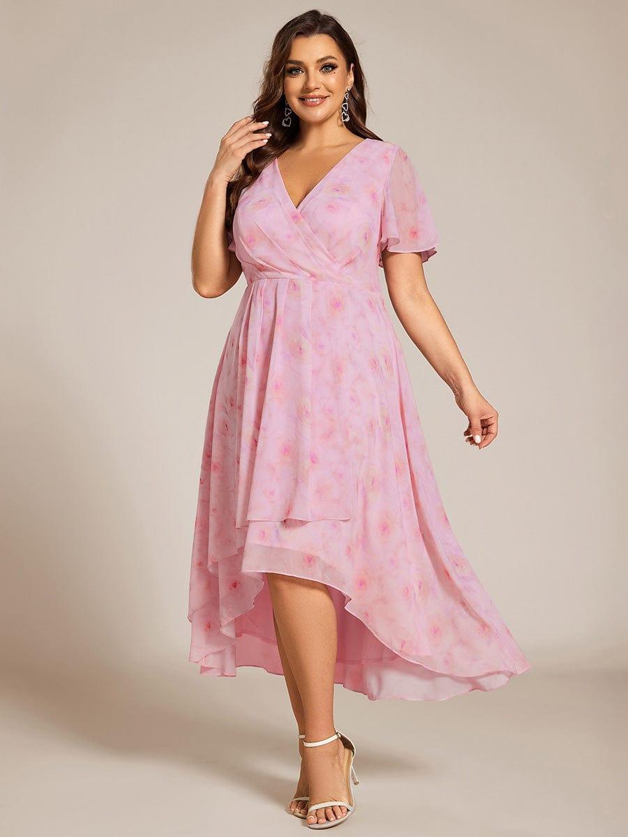 ever LARK|Floral Chiffon Elegance Short Sleeve High-Low Wedding Guest Dress