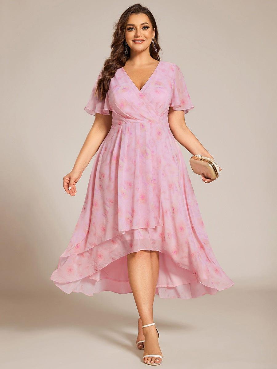 pretty LARK|Plus Size Chiffon Short Sleeve High-Low Wedding Guest Dress