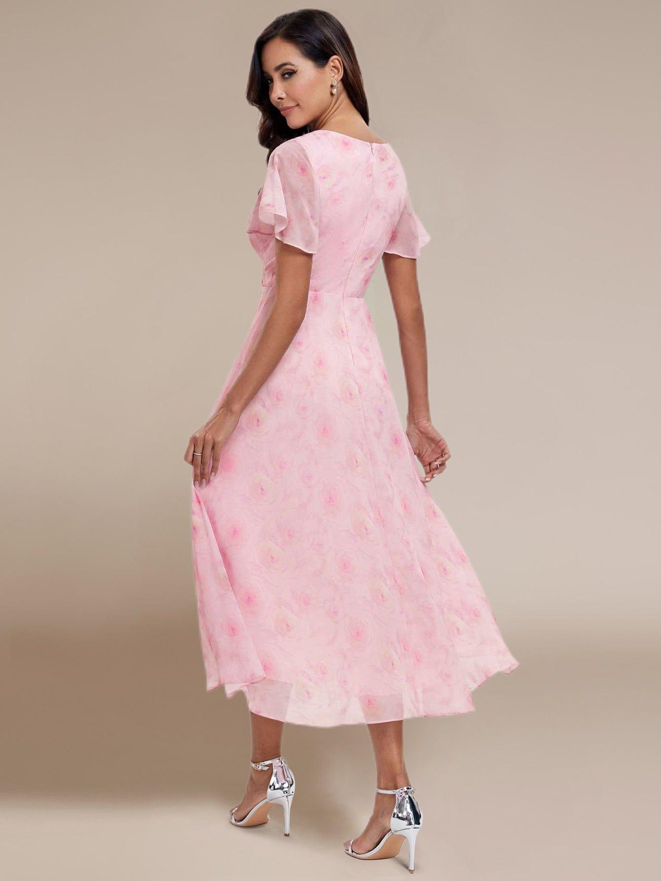 ever LARK|Floral Chiffon Elegance Short Sleeve High-Low Wedding Guest Dress
