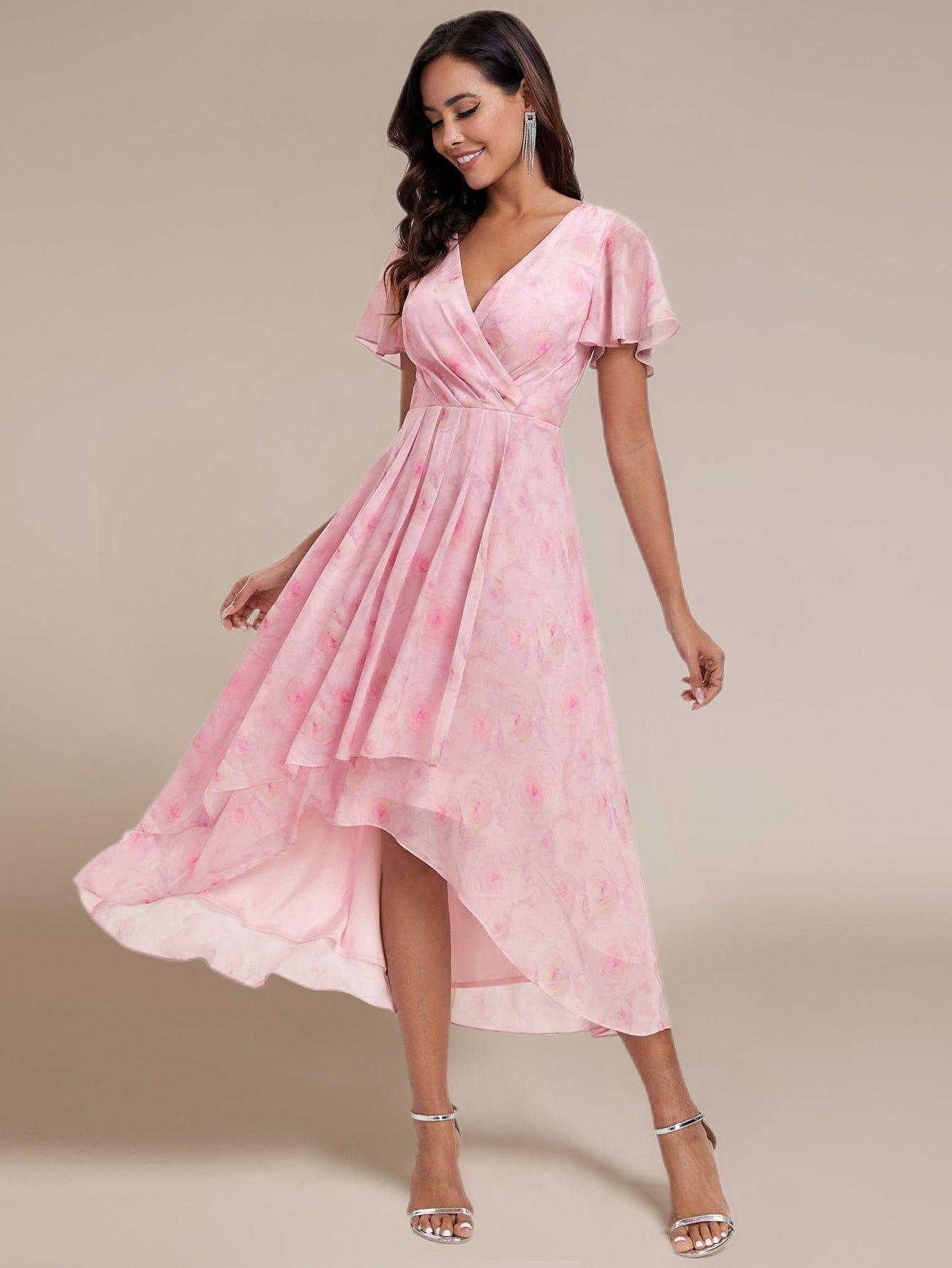 ever LARK|Floral Chiffon Elegance Short Sleeve High-Low Wedding Guest Dress