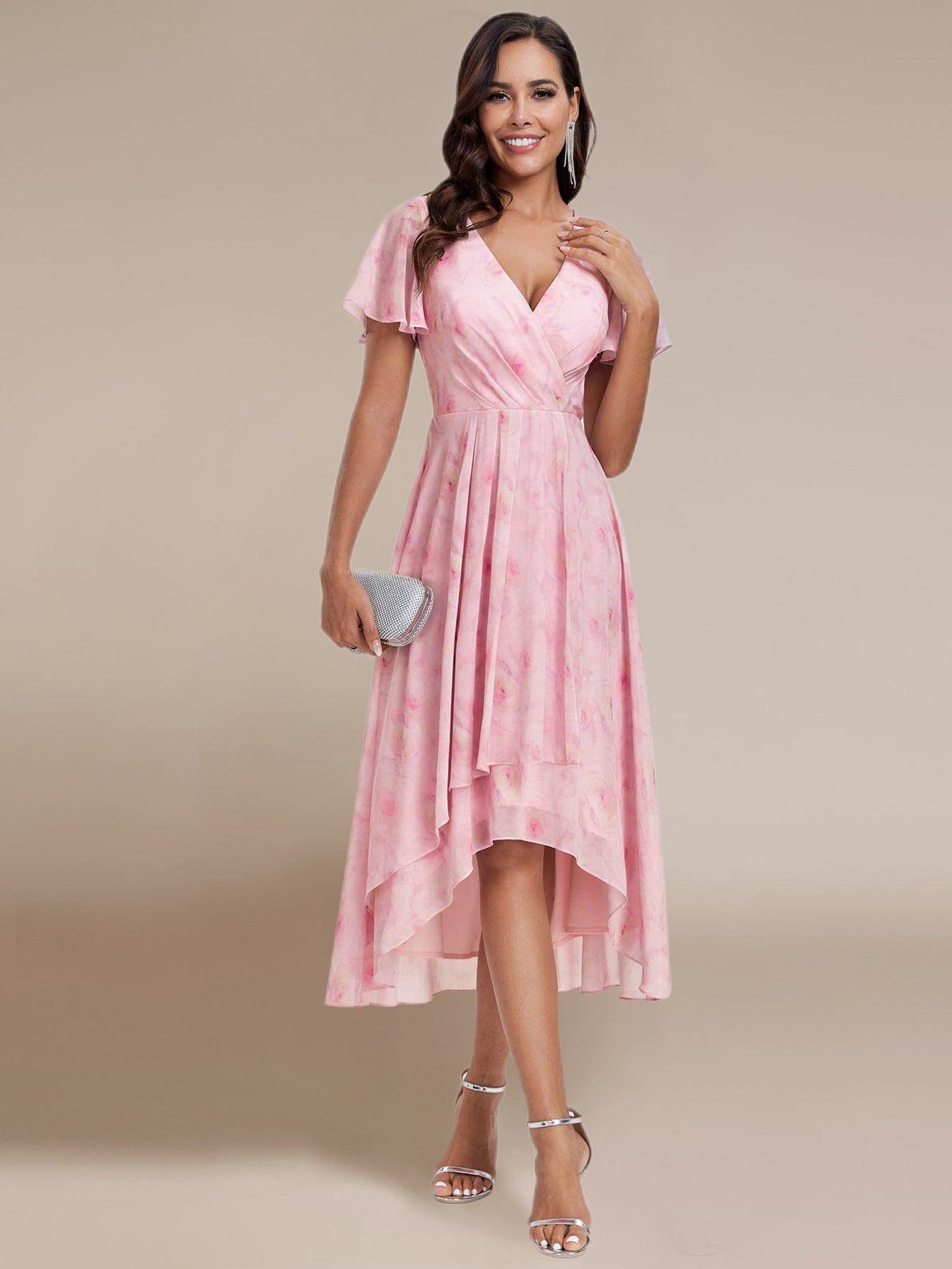 ever LARK|Floral Chiffon Elegance Short Sleeve High-Low Wedding Guest Dress