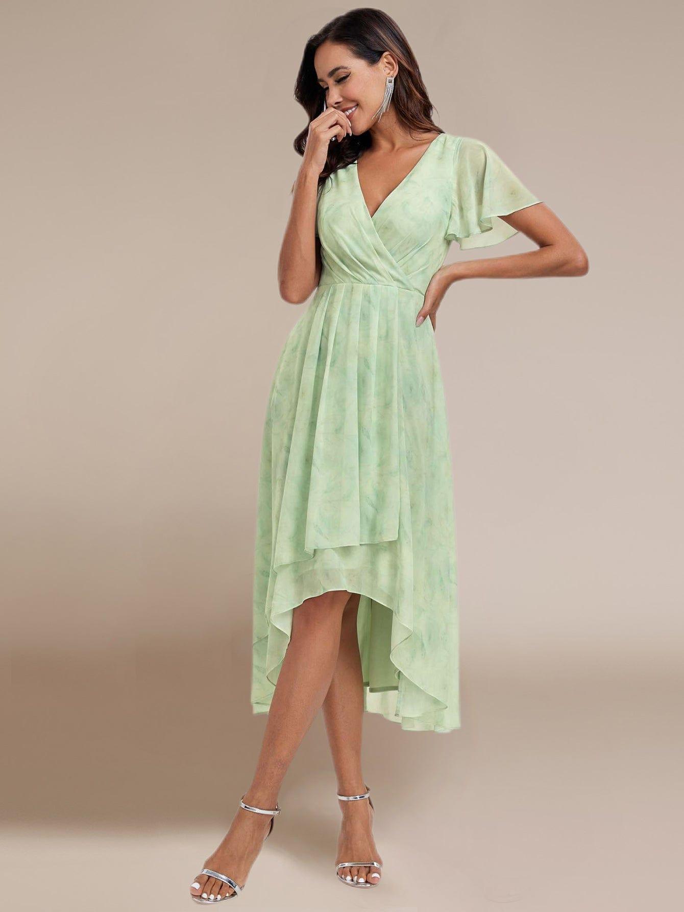 ever LARK|Floral Chiffon Elegance Short Sleeve High-Low Wedding Guest Dress