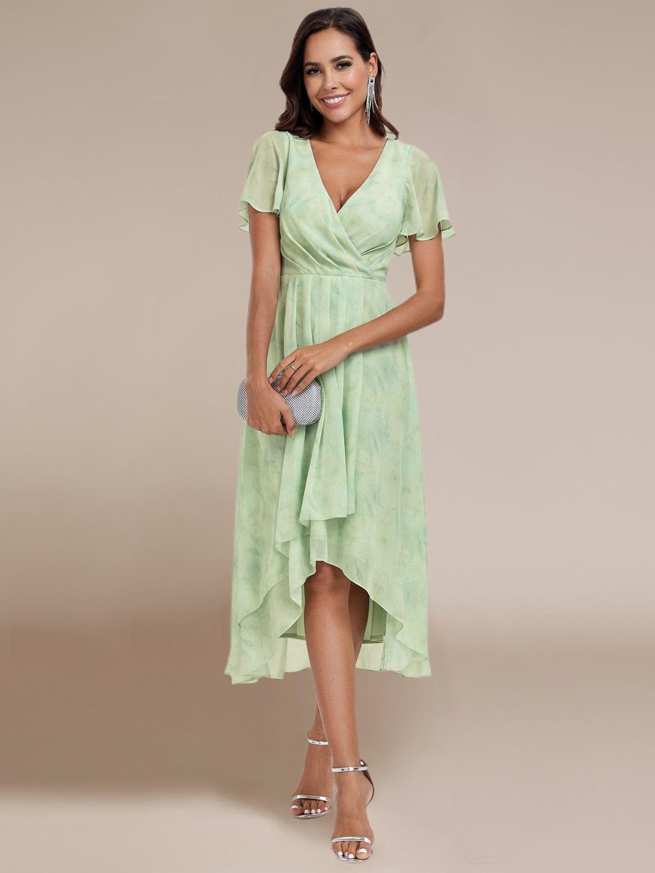 ever LARK|Floral Chiffon Elegance Short Sleeve High-Low Wedding Guest Dress