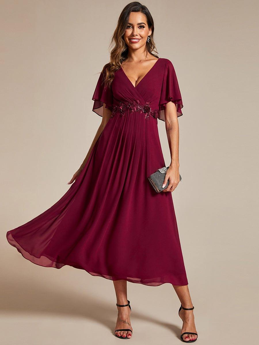 ever DAHLIA|V-Neck Chiffon Midi Wedding Guest Dress with Waist Applique(Final Sale)