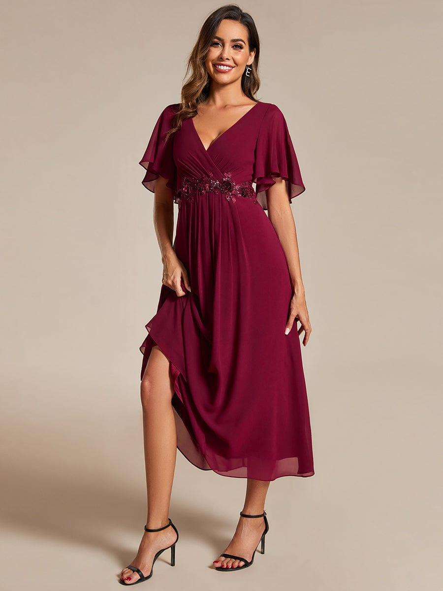 ever DAHLIA|V-Neck Chiffon Midi Wedding Guest Dress with Waist Applique(Final Sale)