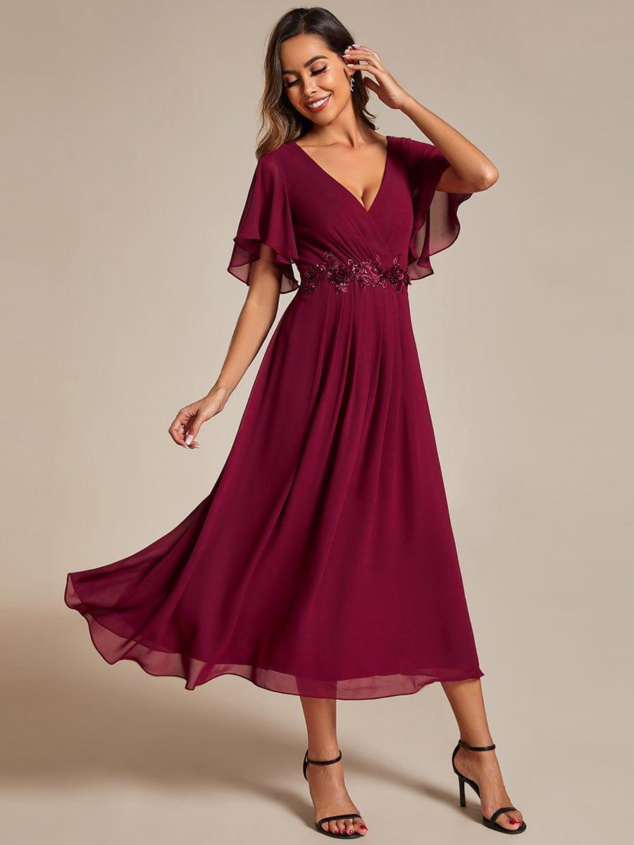 ever DAHLIA|V-Neck Chiffon Midi Wedding Guest Dress with Waist Applique(Final Sale)