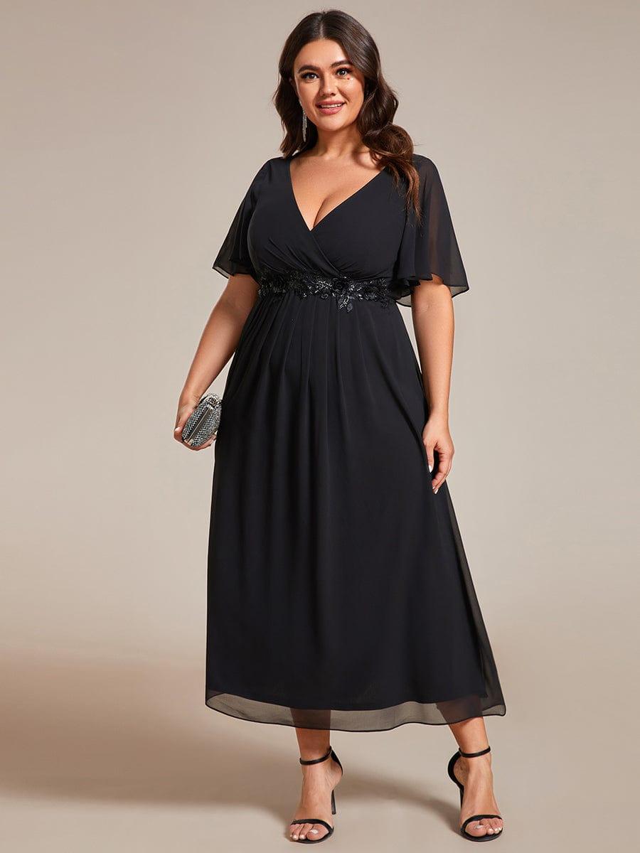 ever DAHLIA|V-Neck Chiffon Midi Wedding Guest Dress with Waist Applique(Final Sale)