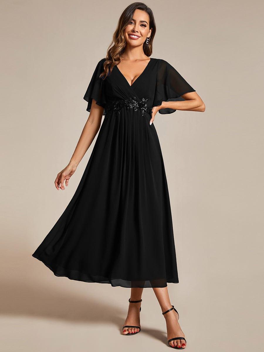 ever DAHLIA|V-Neck Chiffon Midi Wedding Guest Dress with Waist Applique(Final Sale)