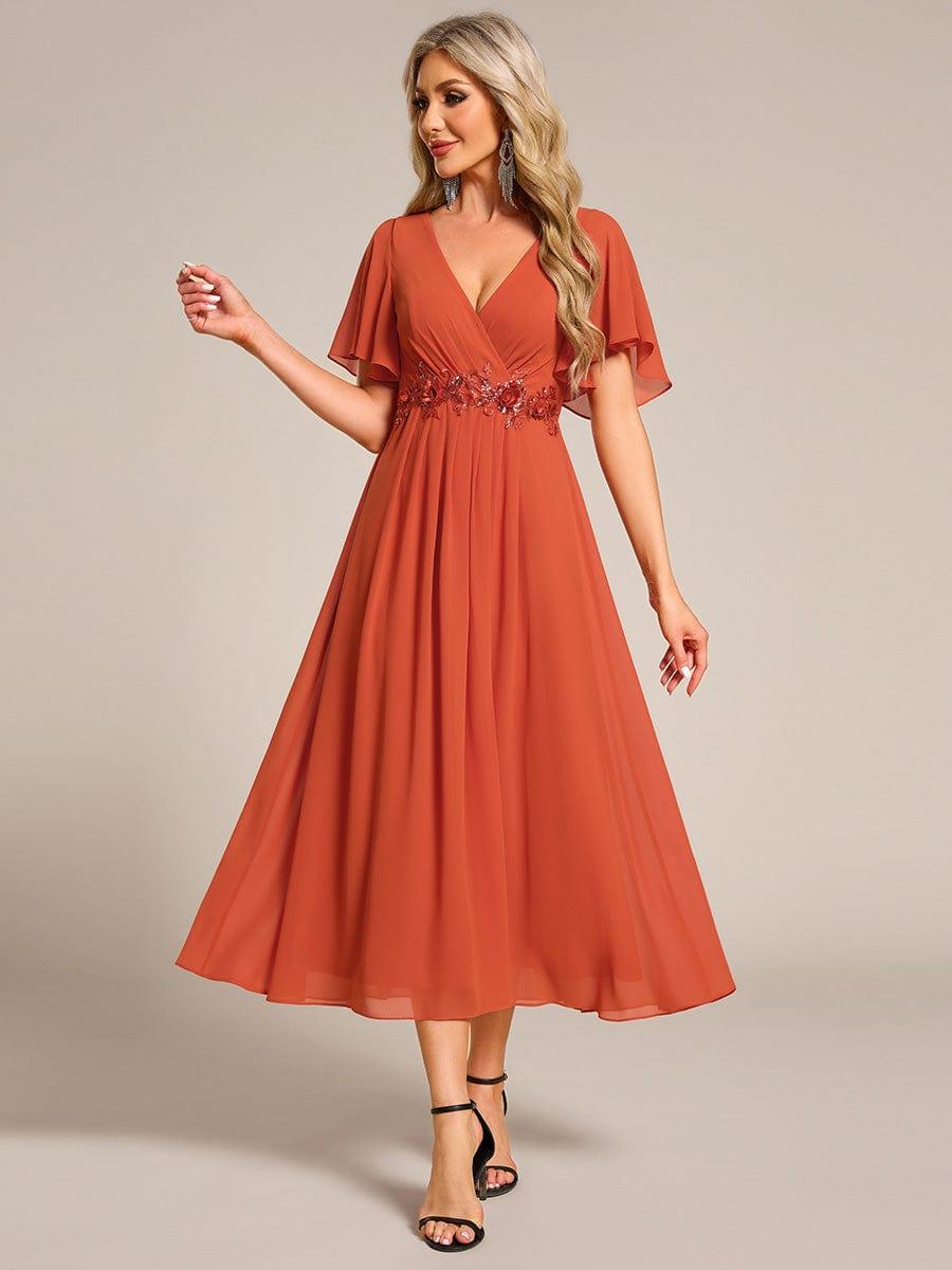 ever DAHLIA|V-Neck Chiffon Midi Wedding Guest Dress with Waist Applique(Final Sale)