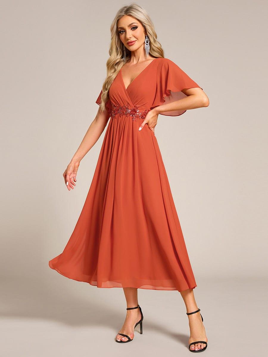 ever DAHLIA|V-Neck Chiffon Midi Wedding Guest Dress with Waist Applique(Final Sale)