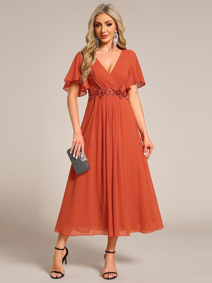 ever DAHLIA|V-Neck Chiffon Midi Wedding Guest Dress with Waist Applique(Final Sale)