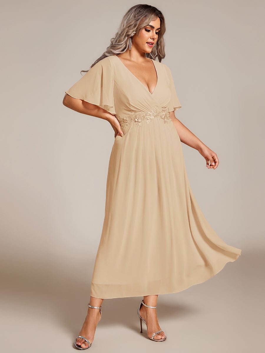 ever DAHLIA|V-Neck Chiffon Midi Wedding Guest Dress with Waist Applique(Final Sale)