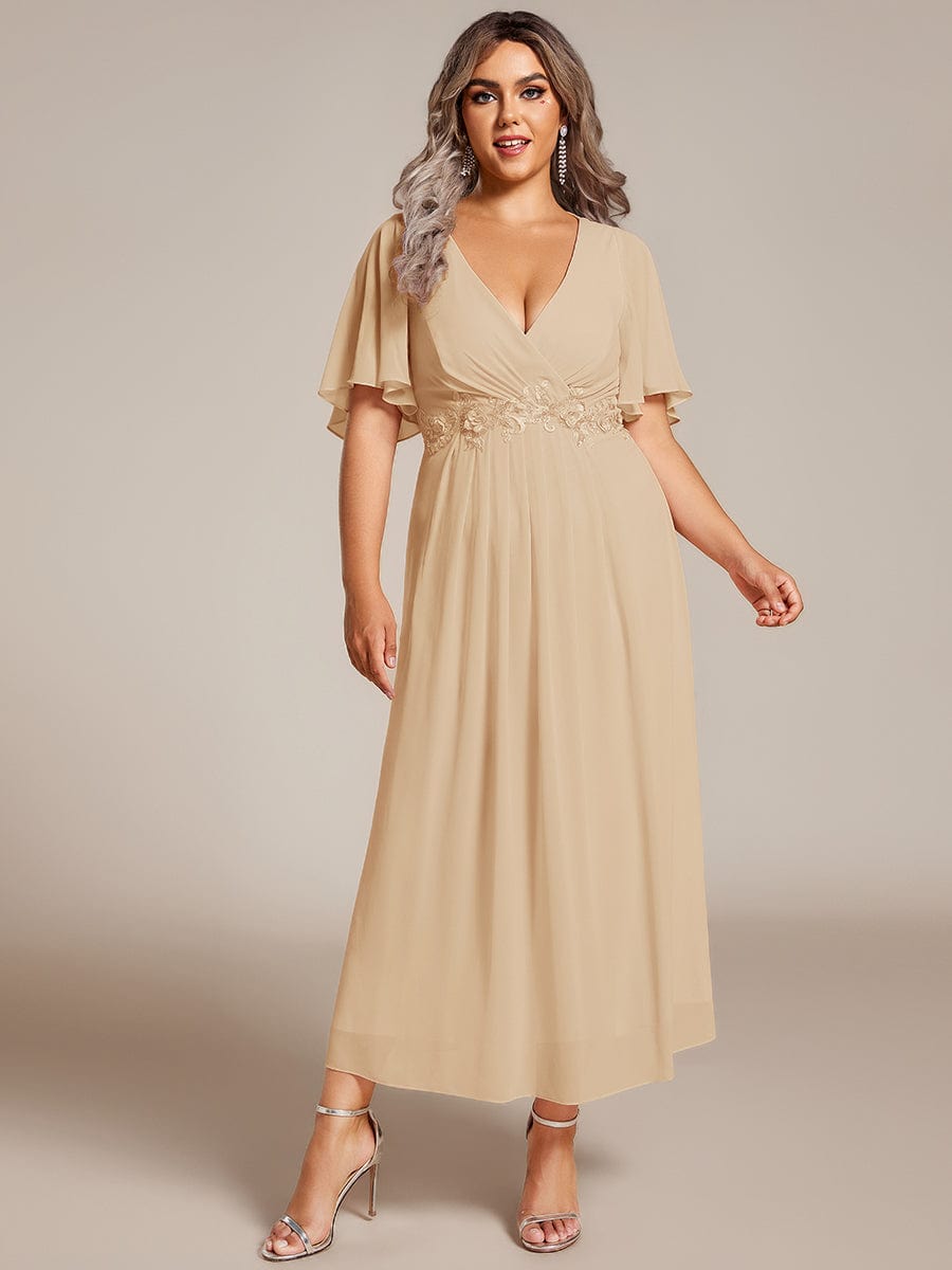 ever DAHLIA|V-Neck Chiffon Midi Wedding Guest Dress with Waist Applique(Final Sale)