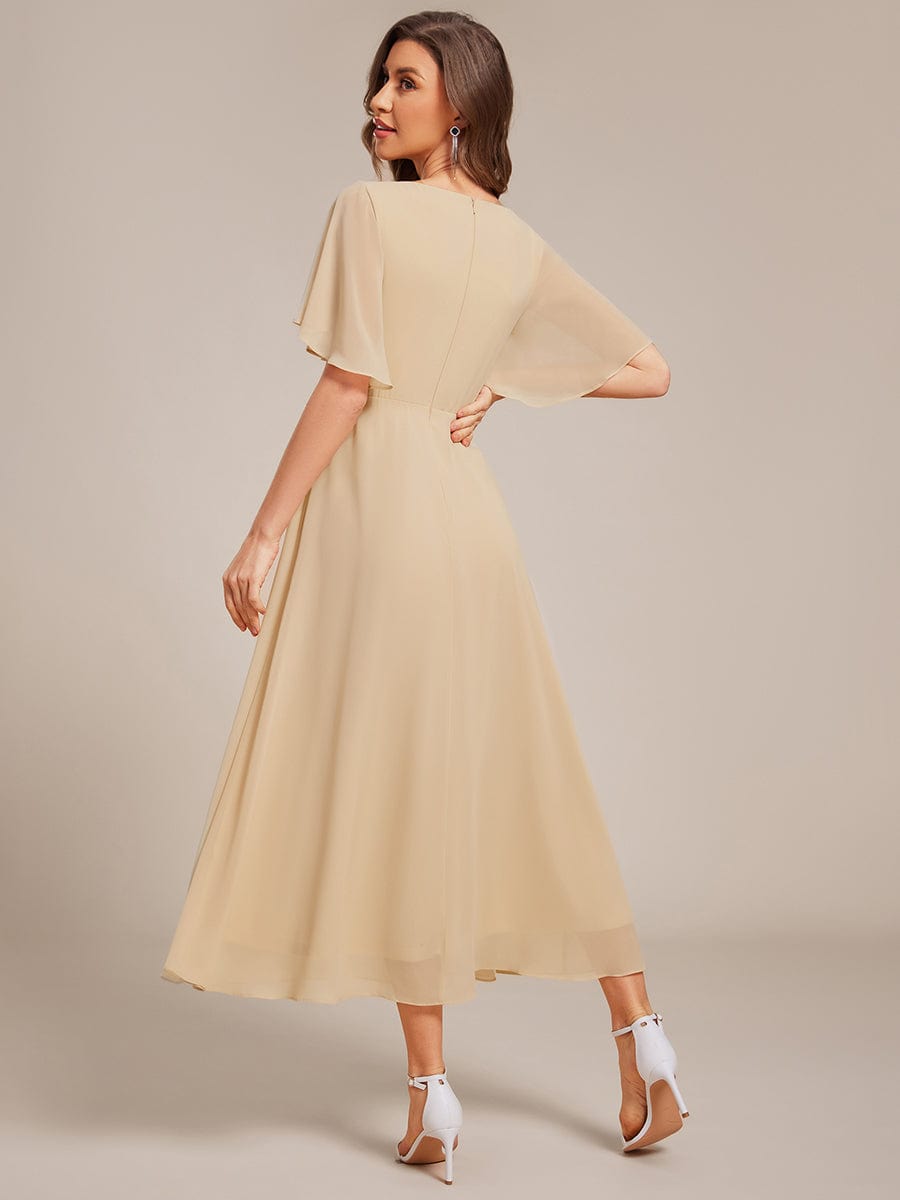 ever DAHLIA|V-Neck Chiffon Midi Wedding Guest Dress with Waist Applique(Final Sale)