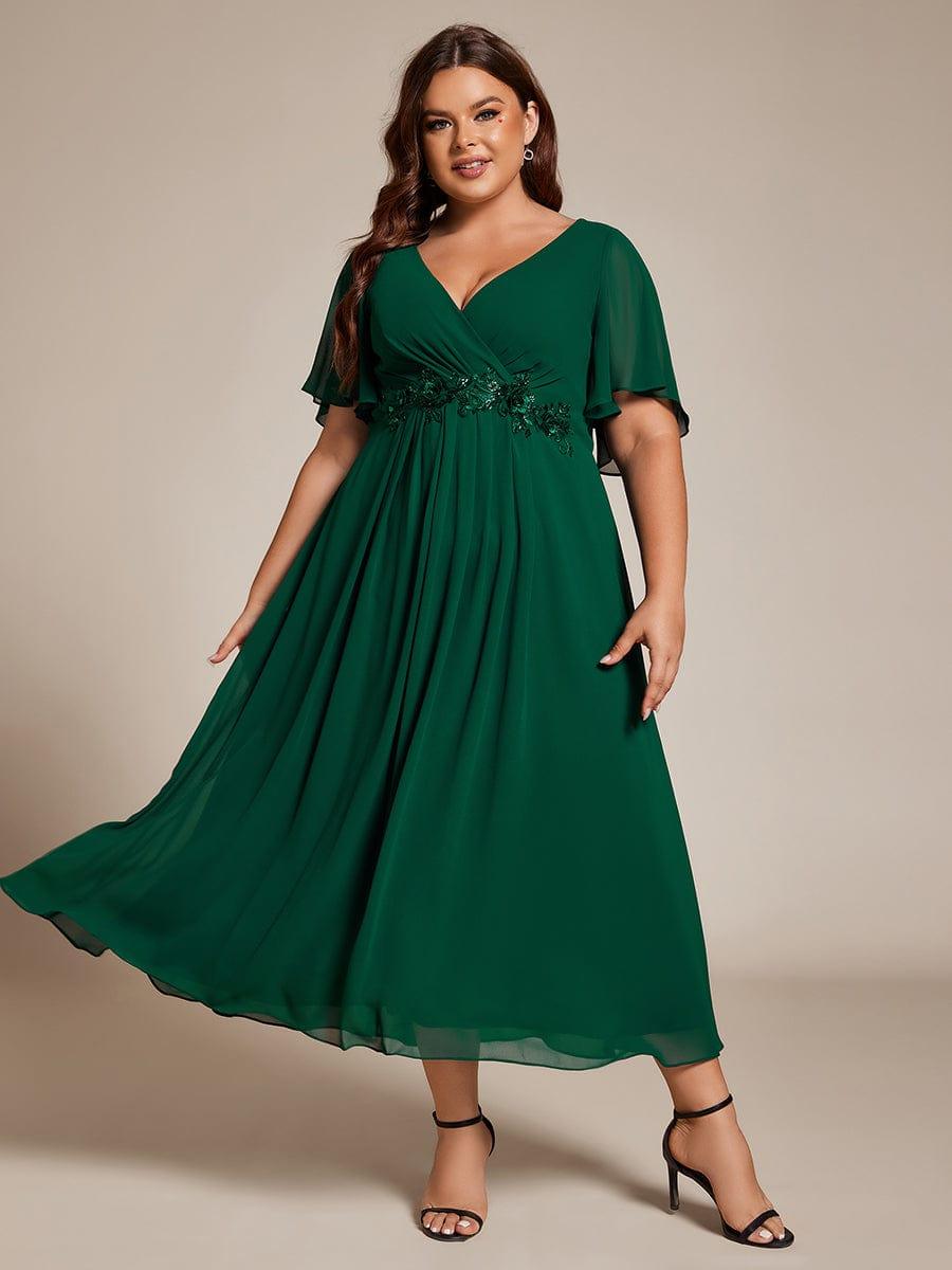 ever DAHLIA|V-Neck Chiffon Midi Wedding Guest Dress with Waist Applique(Final Sale)