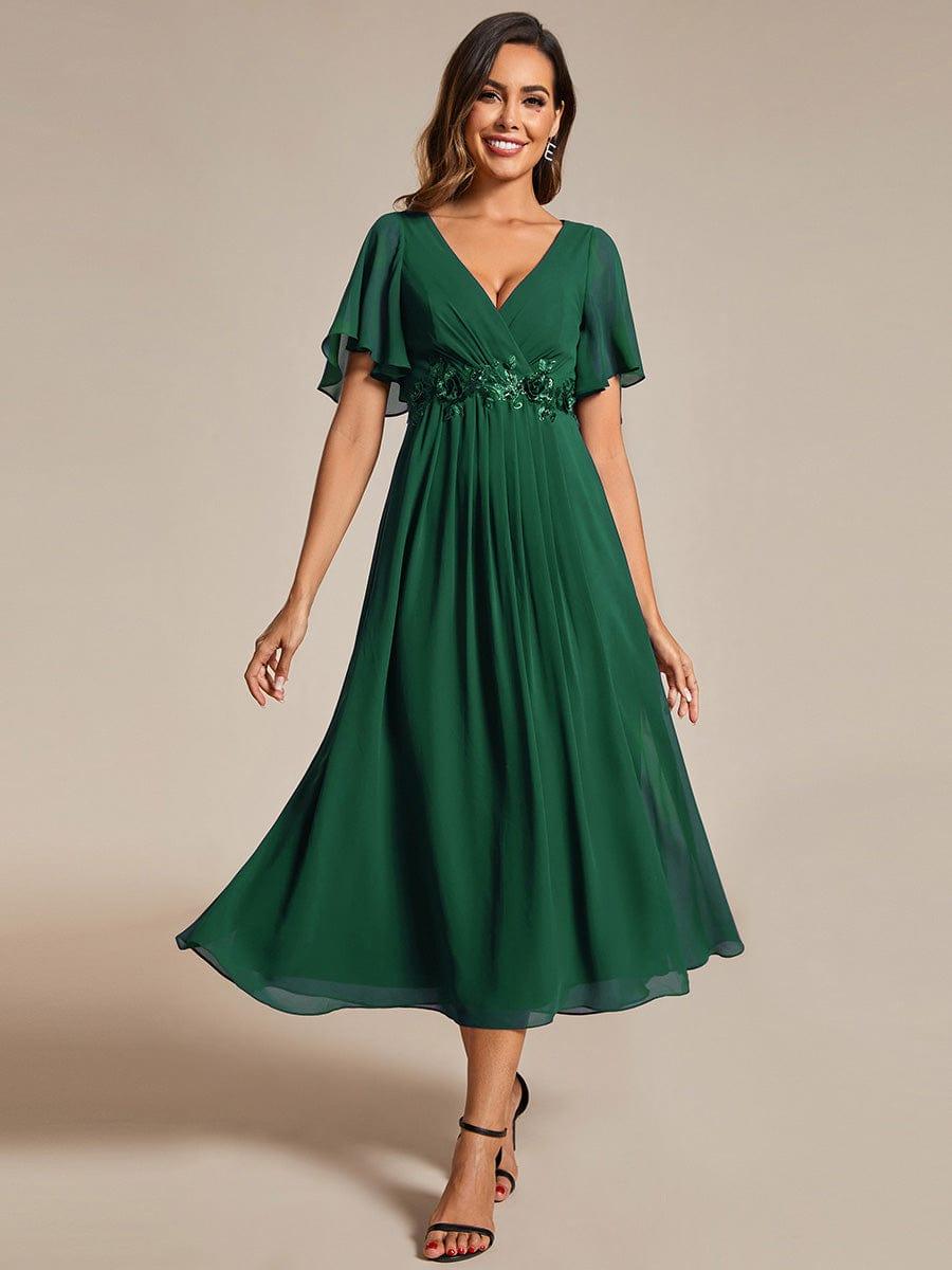 ever DAHLIA|V-Neck Chiffon Midi Wedding Guest Dress with Waist Applique(Final Sale)
