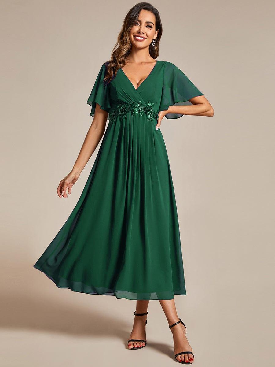 ever DAHLIA|V-Neck Chiffon Midi Wedding Guest Dress with Waist Applique(Final Sale)
