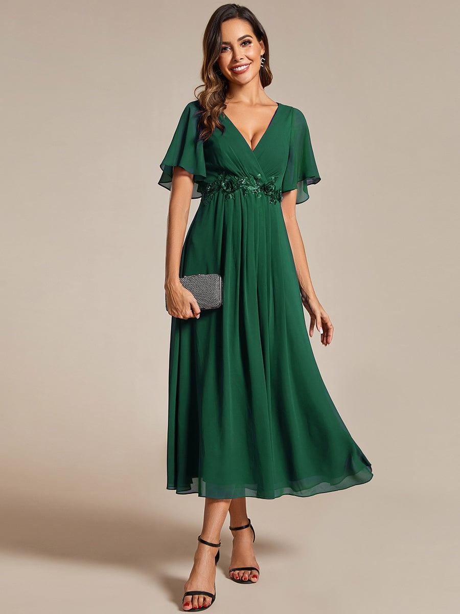 ever DAHLIA|V-Neck Chiffon Midi Wedding Guest Dress with Waist Applique(Final Sale)