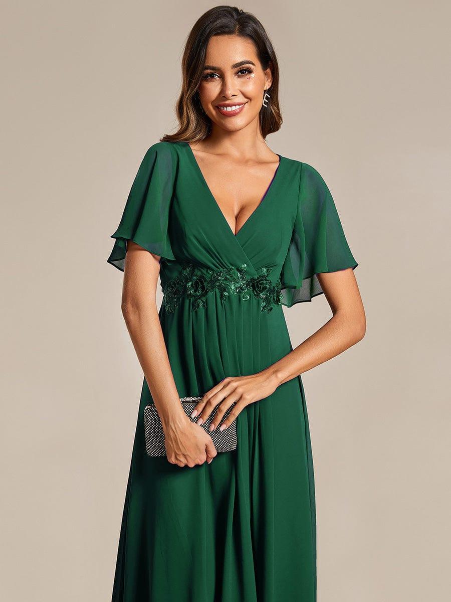 ever DAHLIA|V-Neck Chiffon Midi Wedding Guest Dress with Waist Applique(Final Sale)