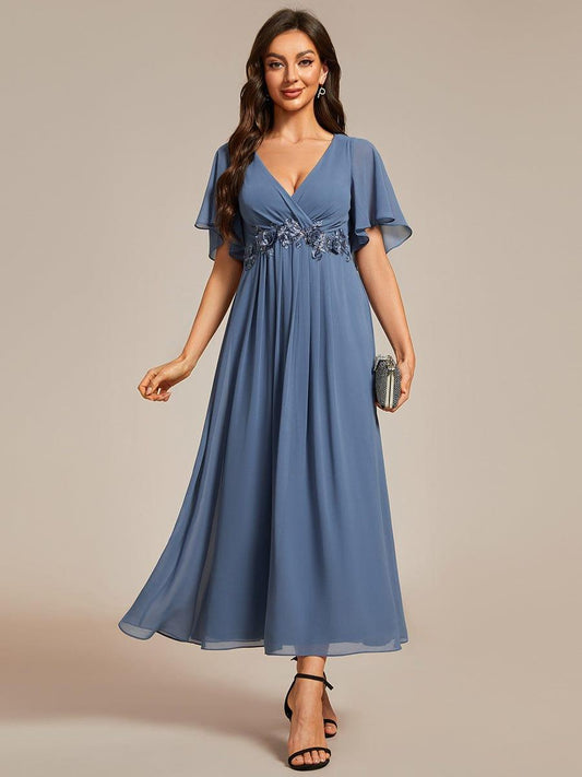 ever DAHLIA|V-Neck Chiffon Midi Wedding Guest Dress with Waist Applique(Final Sale)