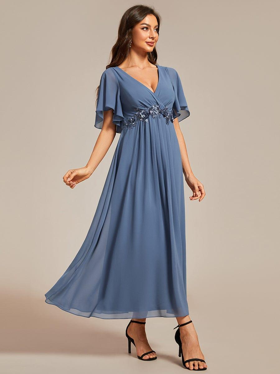 ever DAHLIA|V-Neck Chiffon Midi Wedding Guest Dress with Waist Applique(Final Sale)