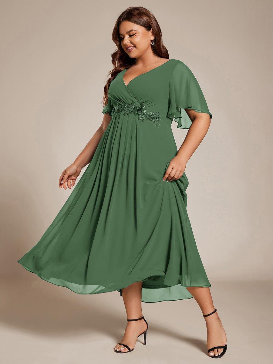 ever DAHLIA|V-Neck Chiffon Midi Wedding Guest Dress with Waist Applique(Final Sale)