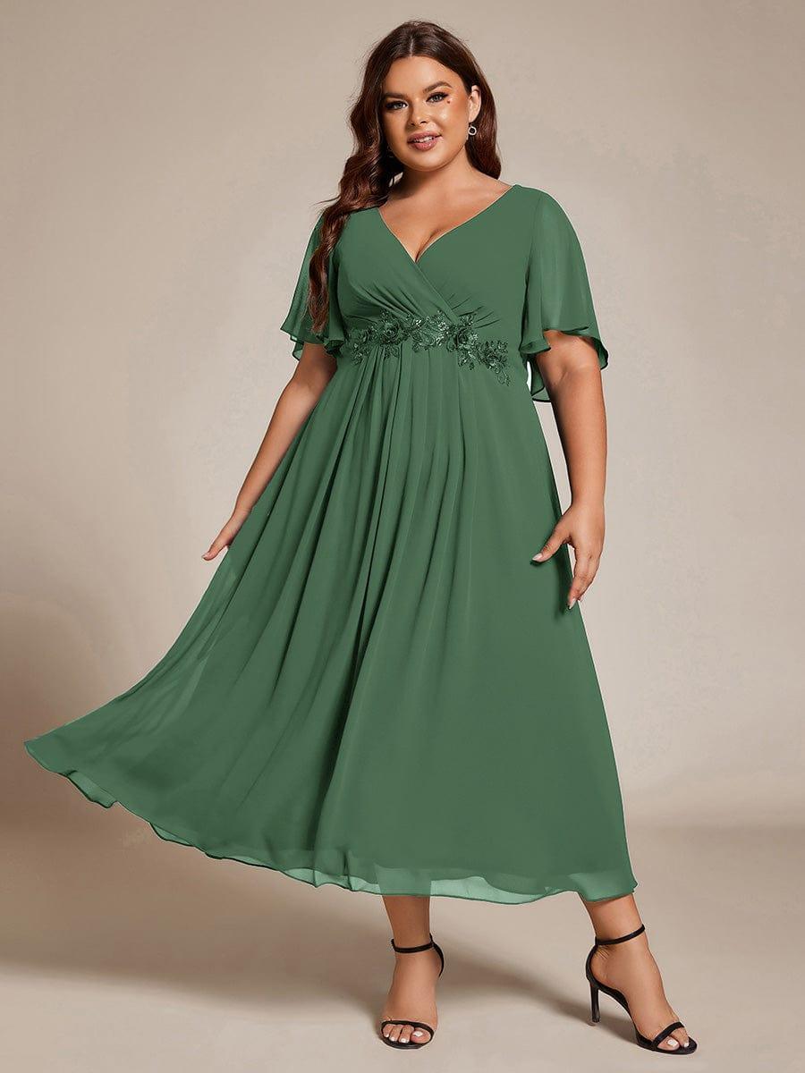 ever DAHLIA|V-Neck Chiffon Midi Wedding Guest Dress with Waist Applique(Final Sale)