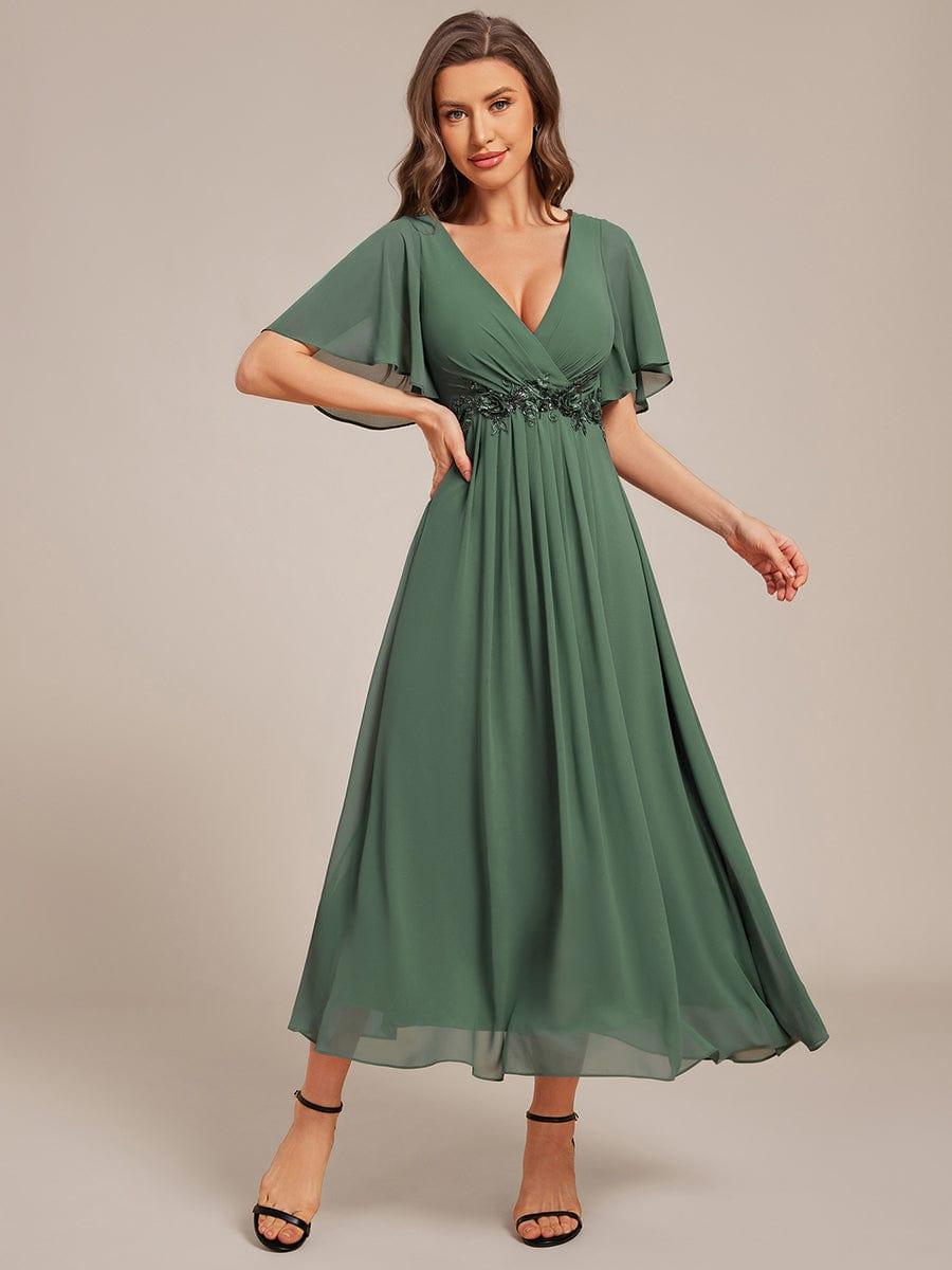 ever DAHLIA|V-Neck Chiffon Midi Wedding Guest Dress with Waist Applique(Final Sale)