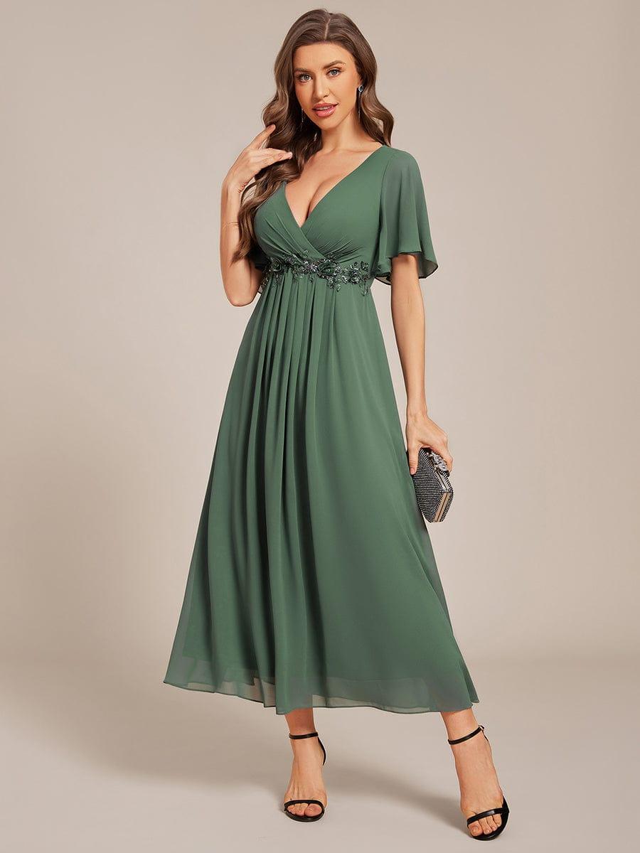 ever DAHLIA|V-Neck Chiffon Midi Wedding Guest Dress with Waist Applique(Final Sale)