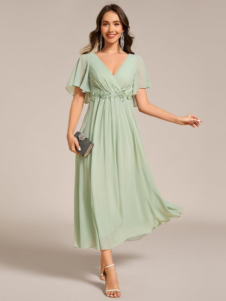 ever DAHLIA|V-Neck Chiffon Midi Wedding Guest Dress with Waist Applique(Final Sale)