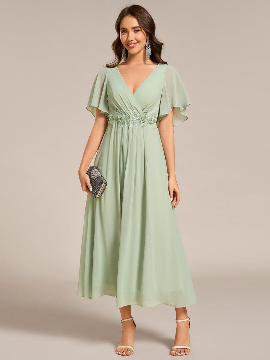 ever DAHLIA|V-Neck Chiffon Midi Wedding Guest Dress with Waist Applique(Final Sale)
