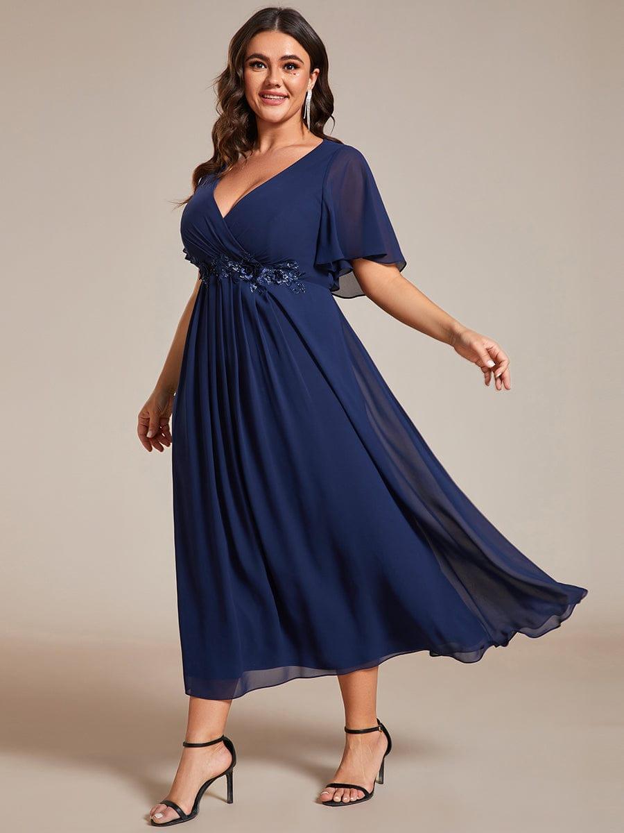 ever DAHLIA|V-Neck Chiffon Midi Wedding Guest Dress with Waist Applique(Final Sale)