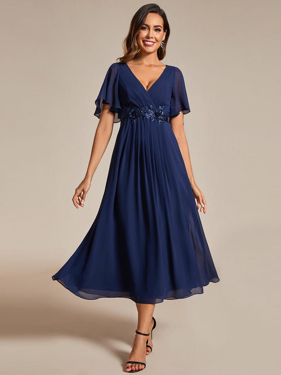 ever DAHLIA|V-Neck Chiffon Midi Wedding Guest Dress with Waist Applique(Final Sale)