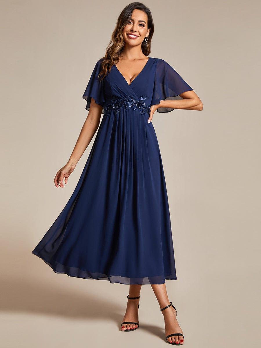 ever DAHLIA|V-Neck Chiffon Midi Wedding Guest Dress with Waist Applique(Final Sale)