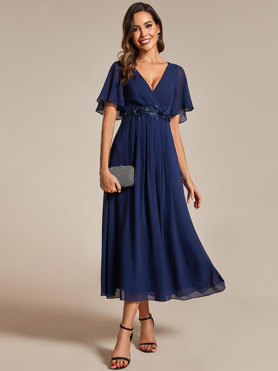 ever DAHLIA|V-Neck Chiffon Midi Wedding Guest Dress with Waist Applique(Final Sale)