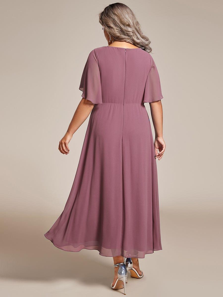 pretty DAHLIA|Plus Size V-Neck Chiffon Midi Wedding Guest Dress with Waist Applique(Final Sale)