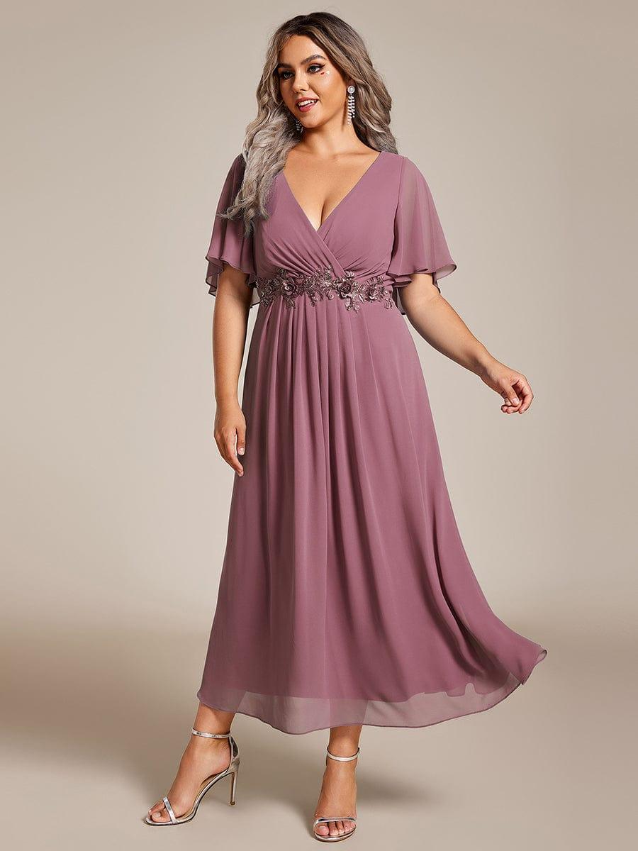ever DAHLIA|V-Neck Chiffon Midi Wedding Guest Dress with Waist Applique(Final Sale)