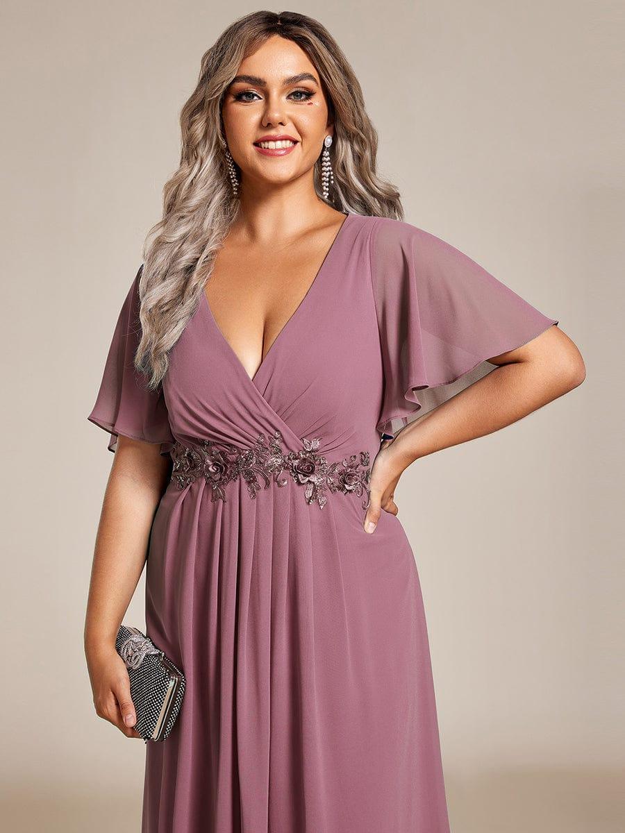 ever DAHLIA|V-Neck Chiffon Midi Wedding Guest Dress with Waist Applique(Final Sale)